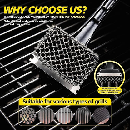 Bristle-Free Grill Brush & Scraper,Durable, Efficient and Extra Safe BBQ Cleaning Brush for Cast Iron and Stainless Steel Outdoor Grills(Coarse Mesh)