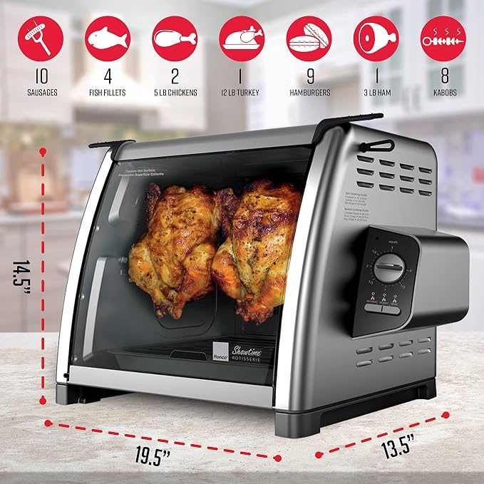 Ronco 5500 Series Countertop Rotisserie Oven, 12-lb Capacity, Stainless | Rotisserie chicken cooks perfectly, 3 functions - rotisserie, sear, no-heat rotation; basket included; auto shutoff