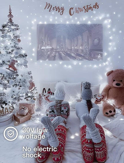 33FT 100 LED Cool White Christmas Fairy Twinkle String Lights Indoor | 8 Modes with Memory, Connectable, IP65 Waterproof, Transparent Wire, Up to 5 Sets, Widely use for Classroom, Bedroom, dorm