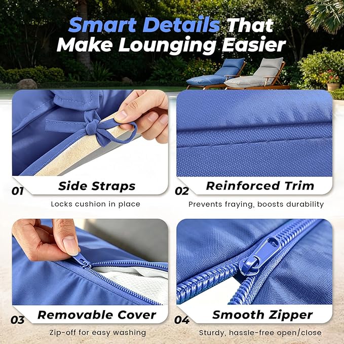 Outdoor Chaise Lounge Chair Cushion, Waterproof Non-Slip Patio Chaise Lounge Cushions for Outdoor Furniture, 72 x 21 x 5 Inches, Blue