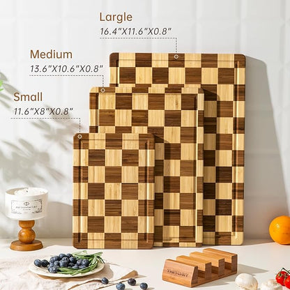 THETCHRY Bamboo Cutting Board Set, Checkered Wood Cutting Boards for Kitchen with Juice Groove, Non Toxic Wooden Charcuterie Boards, Non Slip Chopping Board for Meat Fruit Cheese, Housewarming Gift