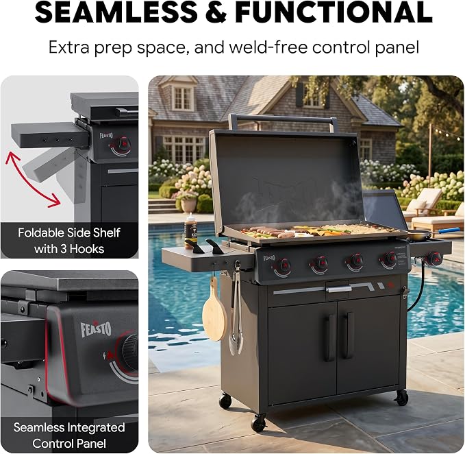 FEASTO 36" 4-Burner Propane Gas Griddle with Side Burner and Cabinet | 50,000 BTU, 720 Sq. In., Outdoor Flat Top Grill with Disposable Foil Liners for Patio, Backyard, BBQ Party, Black