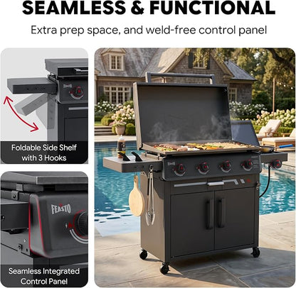 FEASTO 36" 4-Burner Propane Gas Griddle with Side Burner and Cabinet | 50,000 BTU, 720 Sq. In., Outdoor Flat Top Grill with Disposable Foil Liners for Patio, Backyard, BBQ Party, Black