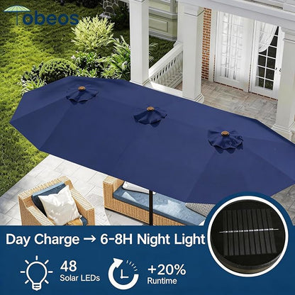 15ft Large Patio Umbrella with Solar Lights and Base, Double-Sided Outdoor Rectangle Umbrella with 48 LED Lights, Market Table Umbrellas with UV Resistant Canopy