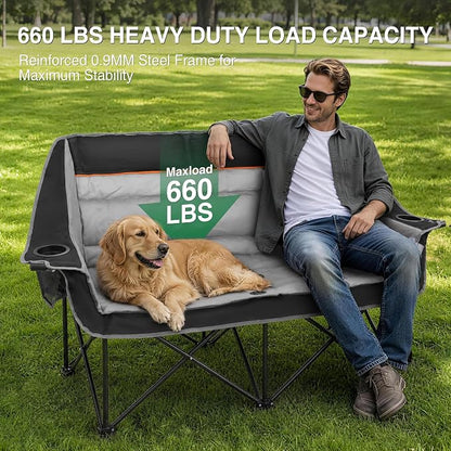 HOPERAN Double Camping Chair 660lb Camping Couch Oversized Folding Loveseat | 58" Wide Seat, 600D Fabric, 2 Person Camp Chair, Heavy Duty, Side&Rear Pocket, Cup&Wine Glass Holder, for Lawn Patio Beach