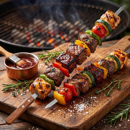 Stainless Steel Barbecue Skewers BBQ Outdoor Grill Skewer stick Barbecue Fork with Solid Wood Handle for Grilling Shish Kebob Koubideh Persian Brazilian Kebab 1" Wide + 1 Free Skewer (24pcs)