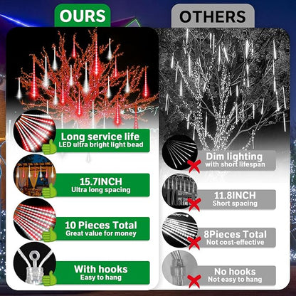 LAMPHOME Red White Lights for Valentines Day Decor, Christmas Outdoor 12-inch LED Meteor Shower Icicle Lights, 10 Tubes 240 LED Shower Rain Waterproof Plug for Wedding Xmas Tree Yard House Decor