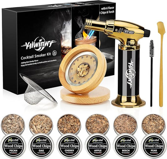 Cocktail Smoker Kit with Torch,Whiskey Smoker Kit,Bourbon/Drink/Old Fashioned Smoker Kit with 6 Flavor of Wood Chips,Christmas Gifts for Men,Husband,Dad (No Butane)