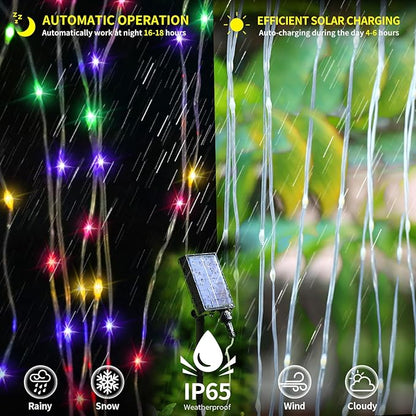 Solar Curtain Lights Outdoor 10 x 10Ft 300LED Waterproof Waterfall Light with 8 Modes Remote USB Rechargeable Dimmable Timer Twinkle Fairy String Lights for Outdoor Christmas Gazebo Wedding Pergola