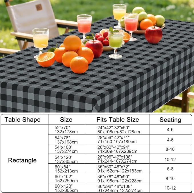 Smiry Picnic Table Cloth, Vinyl Tablecloths with Flannel Backing, 60"x84" | Waterproof Rectangle Table Cloth, Wipeable Buffalo Plaid Table Cover for Indoor and Outdoor (Black & Grey)