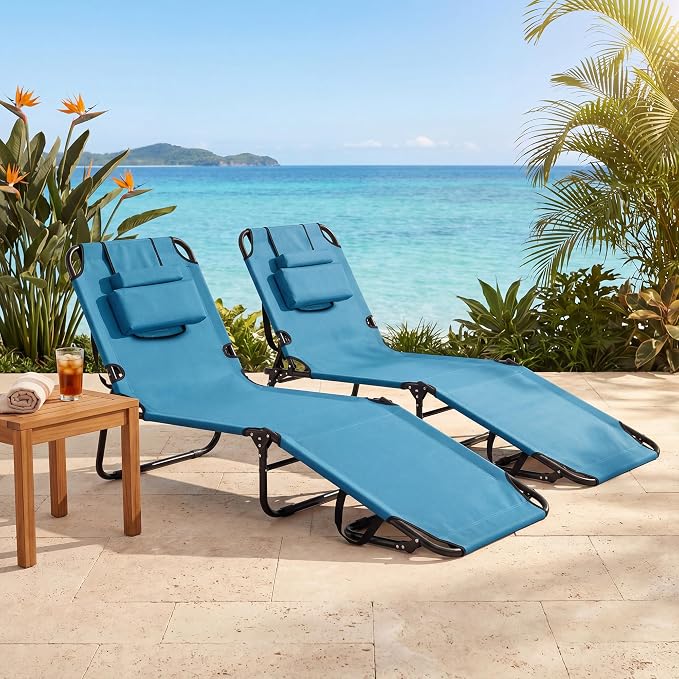 Goplus Tanning Chair, Folding Beach Lounge Chair w/Face Hole, 330LBS Capacity, Removable Pillow, Carry Strap, Adjustable Sunbathing Chair, Patio Chaise Lounger for Outside Lawn Pool Adult