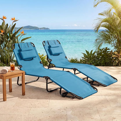 Goplus Tanning Chair, Folding Beach Lounge Chair w/Face Hole, 330LBS Capacity, Removable Pillow, Carry Strap, Adjustable Sunbathing Chair, Patio Chaise Lounger for Outside Lawn Pool Adult