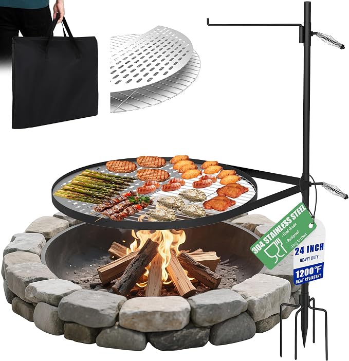 24" Fire Pit Grill w/304 Stainless Steel Grate, Grill Tray | Swivel Grill Grate, Portable Carry Bag, Height Adjustable, Easy Setup, Perfect for Hiking, Picnics & Family BBQs