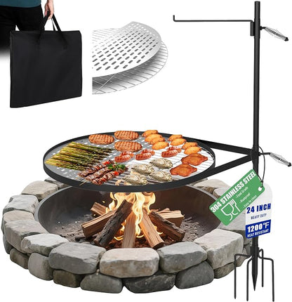 24" Fire Pit Grill w/304 Stainless Steel Grate, Grill Tray | Swivel Grill Grate, Portable Carry Bag, Height Adjustable, Easy Setup, Perfect for Hiking, Picnics & Family BBQs