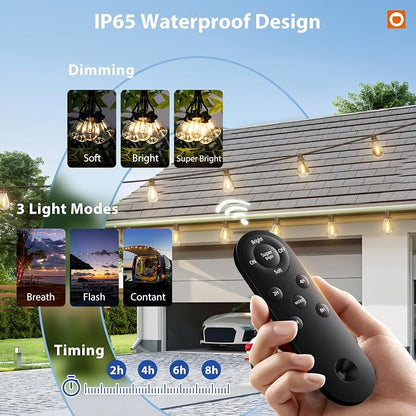 addlon 102FT(96FT+6) Solar String Lights Outdoor, Waterproof, Last 20+ Hrs | 34 Shatterproof LED Bulbs, USB Charging, Dimmable, Timer Remote, Easy Install for Garden, Backyard, Pergola and Party