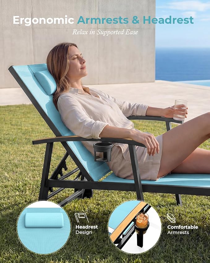 Ciokea Outdoor Lounge Chair with Pillow, 5-Position Chaise Lounge with Wheels & Armrests, 400 lbs Heavy Duty Aluminum Pool Lounger for Beach, Deck, Backyard & Poolside, Lake Blue