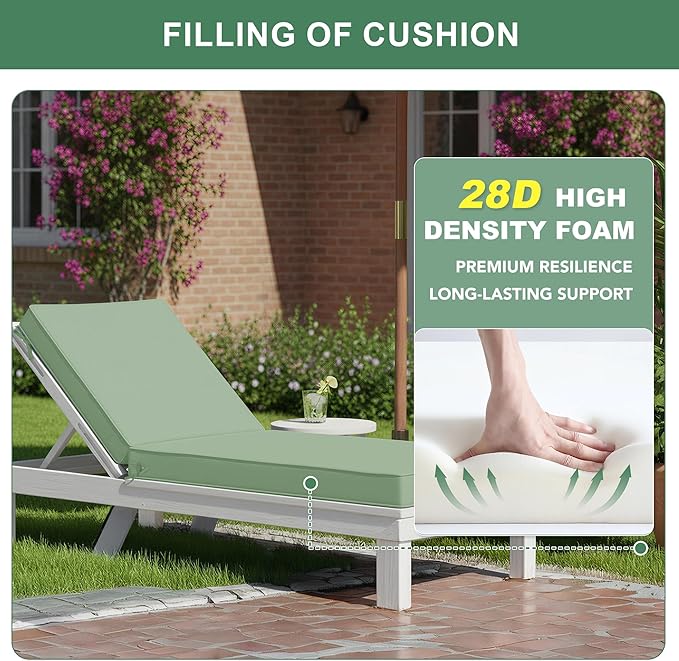 Summsun Chaise Lounge Cushions Outdoor Set of 4 - Waterproof and Fade Resistant Sun Lounger Replacement Cushions - Patio Lounger Pads with Removable Cover for Pool, Deck, 80 x 26 x 3 Inch, Sage Green