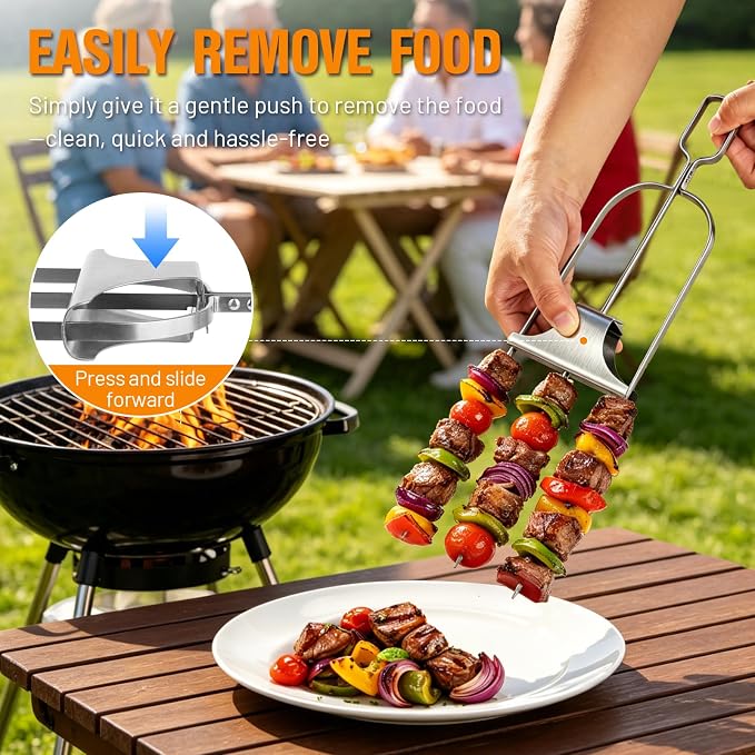3 Prong Skewers for Grilling, Reusable Metal Kabob Skewers | 14.7" Stainless Steel BBQ Skewer with Push-Off Slider, Outdoor Grill Accessories, for Barbecuing, Grilling
