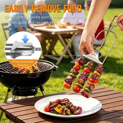 3 Prong Skewers for Grilling, Reusable Metal Kabob Skewers | 14.7" Stainless Steel BBQ Skewer with Push-Off Slider, Outdoor Grill Accessories, for Barbecuing, Grilling