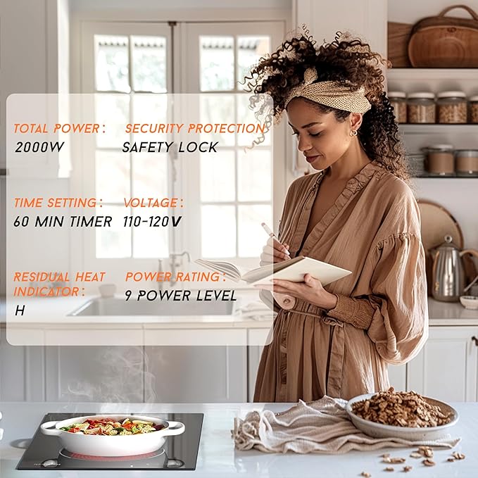 2 Burner Electric Cooktop, 110v Electric Stove with Plug, 12 Inch Countertop & Built-In Portable Electric Stove, 9 Levels of Power, 2000W, Touch Control, Safety Lock, Timer, Pause Function, Karienvir