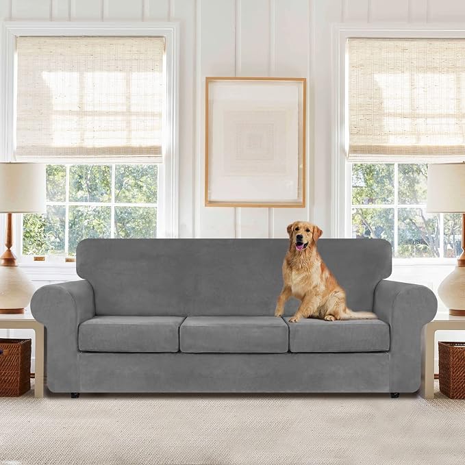 WEERRW 4 Pieces Couch Cover for Sofa Velvet Sofa Cover Washable, Light Grey | Sofa Covers for 3 Cushion Couch Furniture Protector Sofa Slipcovers with Non Slip Elastic Bottom, Pet Friendly, Large