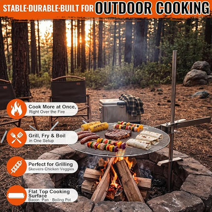 24" Fire Pit Campfire Grill Grate, Foldable Open Fire Cooking Grill Grate Portable Stainless Steel Camping Cooking Barbecue Rack Heavy-duty, Easy Setup & Adjustable Height for Outdoor