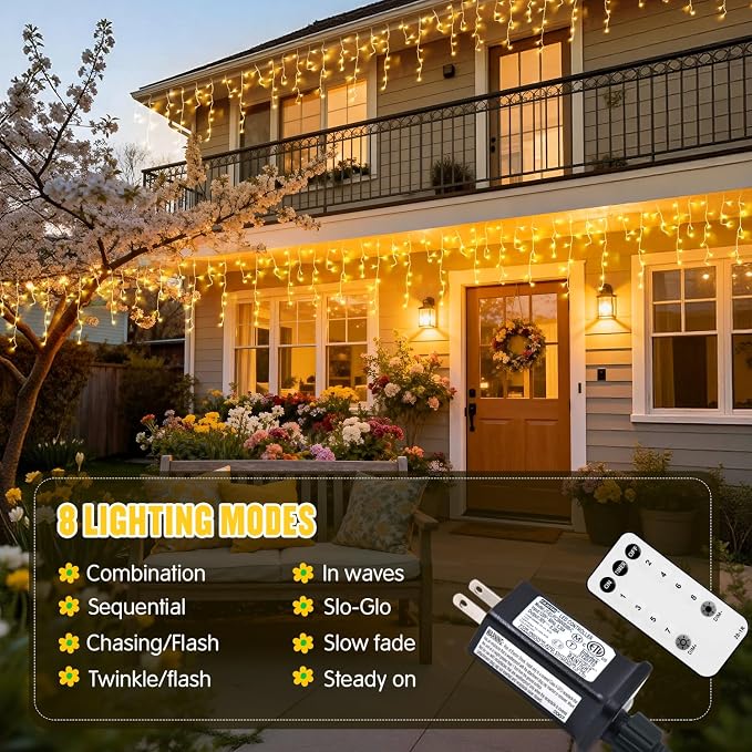 JMEXSUSS Icicle Lights for Outside, 400 LED 38.8FT | Christmas Lights Outdoor Indoor Plug in, Warm White String Lights for Christmas House Patio Party Fireplace Decorations