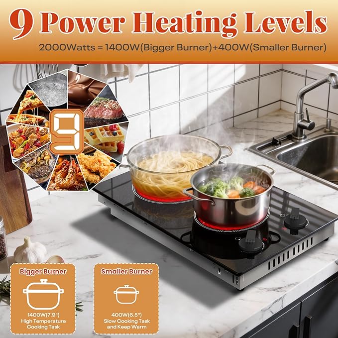 2 Burner Electric Cooktop - 110v Countertop and Built-in Electric Stove 2000W, 12 Inch Ceramic Stove with Residual Heat Indicator, Over-Temperature Protection, Knob Control, 110-120V Plug in