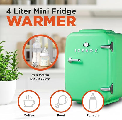 IceBox 4-Liter Mini Fridge Cooler/Warmer, IBMF4MNT, Mint Green | Portable Refrigerator Holds 6 Cans, Compact for Skincare, Beverages and Food, Includes 120V AC and 12V Car Adapters