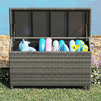 GarveeLife Medium Outdoor Wicker Storage Box, PE Rattan Patio Storage Chest with Steel Frame, Compact Deck Storage Box for Cushions, Toys & Outdoor Essentials – Brown Wicker
