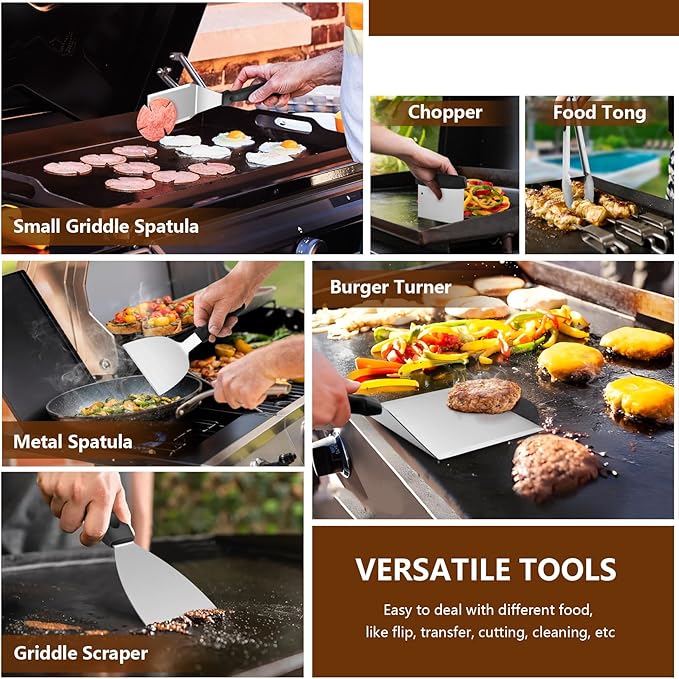 25Pcs Griddle Accessories Kit for Blackstone, Joyfair Stainless Steel Flattop Grilling Spatula Accessory Tools Set with Smash Burger Press Basting Cover for Outdoor BBQ Hibachi Cooking (PP Handle)
