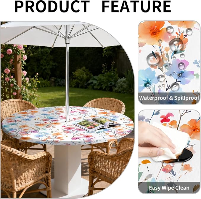Outdoor Tablecloth with Umbrella Hole and Zipper Fits 37-44" Tables | Waterproof Round Fitted Tablecloth with Elastic Edge, Wipeable Outdoor Table Cover for Patio, Garden, Picnic
