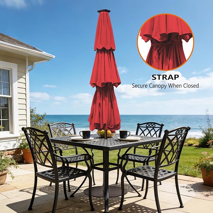 EliteShade USA 10-Year-Non-Fading 10ft 3-Tier Market Patio Umbrella, Commercial Table Umbrella with 80 Solar LED Lights, Crank Open, Windproof & UPF 50+ UV Protection for Garden, Deck, Pool, Backyard, No Tilt, Logo Red