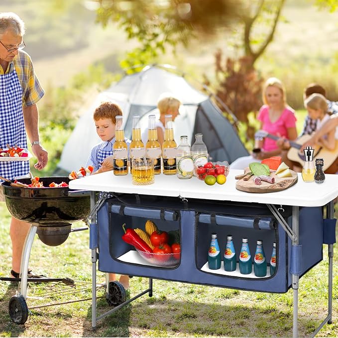 Camp Field 4ft Foldable Camping Table with Built-in Storage Organizer, Adjustable Height Heavy Duty Portable Camp Kitchen Table, Multi-Purpose Folding Table for BBQ, Tailgate, Beach, Camping...