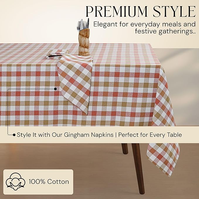 Gingham Check Tablecloth, 60x84 Inches, Reusable Farmhouse Dining Table Cover, 100% Cotton, Washable Table Linen for Thanksgiving, Fall Gatherings, Rust Tan and Natural Plaid