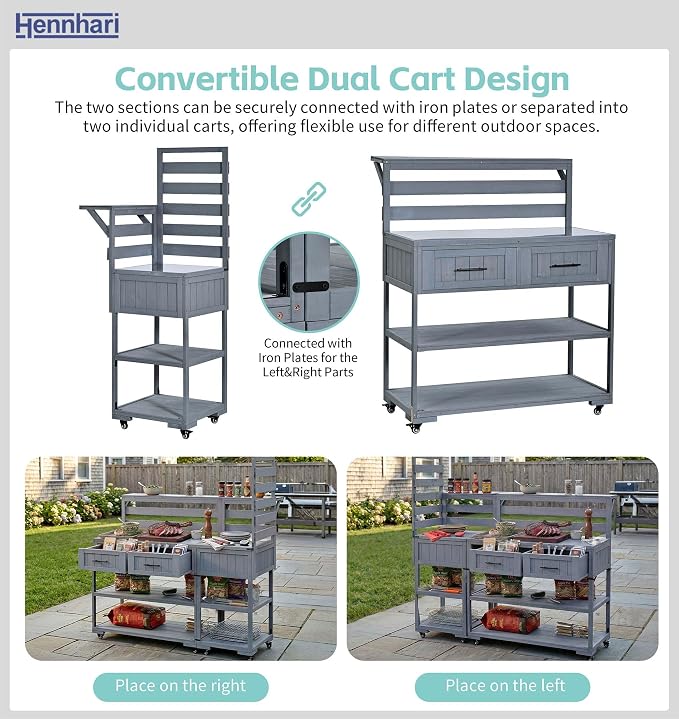 62.3'' Outdoor Kitchen Island with Stainless Steel Top and Raised Shelf, Potting Bench with Drawers and Wheels, Grill Prep Table for BBQ, Patio, Party (Grey Blue)
