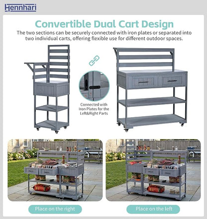 62.3'' Outdoor Kitchen Island with Stainless Steel Top and Raised Shelf, Potting Bench with Drawers and Wheels, Grill Prep Table for BBQ, Patio, Party (Grey Blue)