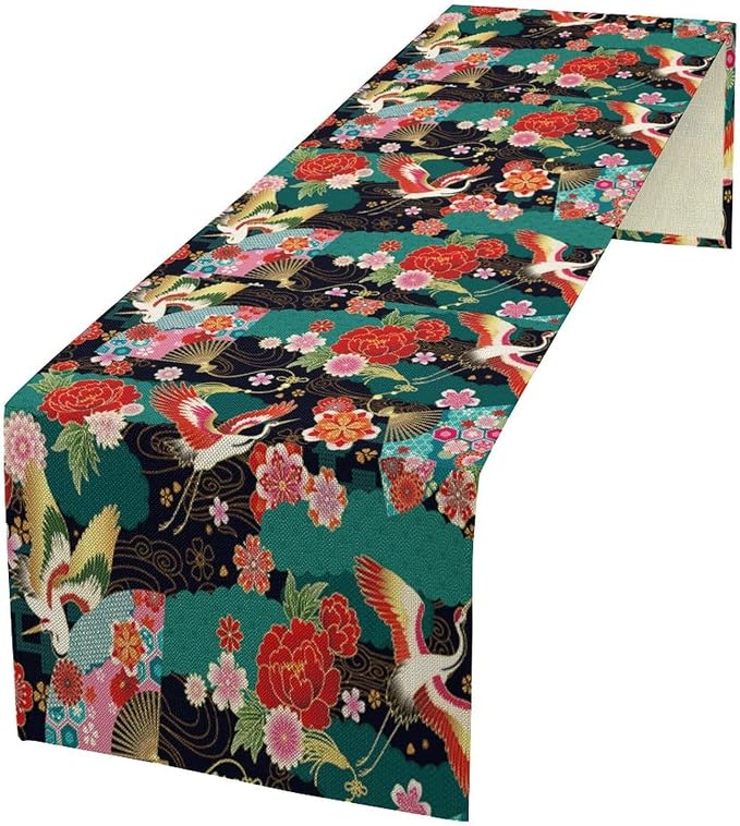 Japanese Crane Table Runner Oriental Vintage Asian Chinese Traditional Florals Dinner Runner for Farmhouse Kitchen Dinner Table Party Decoration 13x90in
