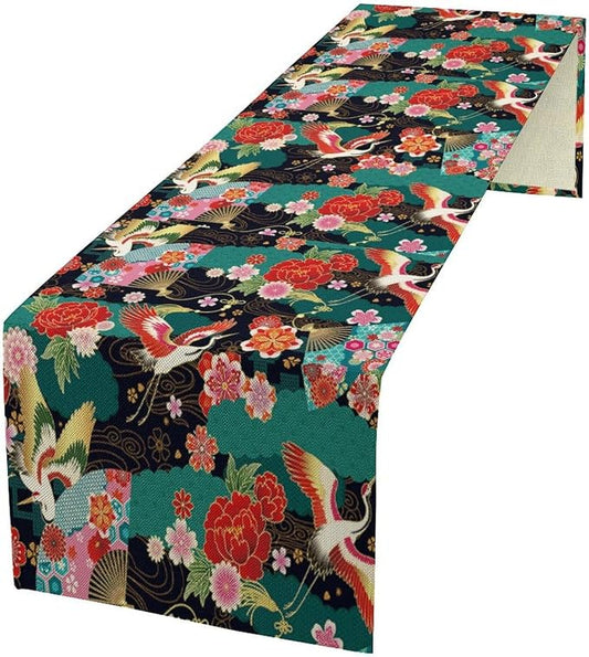 Japanese Crane Table Runner Oriental Vintage Asian Chinese Traditional Florals Dinner Runner for Farmhouse Kitchen Dinner Table Party Decoration 13x90in