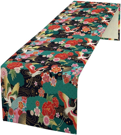 Japanese Crane Table Runner Oriental Vintage Asian Chinese Traditional Florals Dinner Runner for Farmhouse Kitchen Dinner Table Party Decoration 13x70in