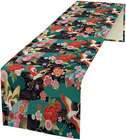 Japanese Crane Table Runner Oriental Vintage Asian Chinese Traditional Florals Dinner Runner for Farmhouse Kitchen Dinner Table Party Decoration 13x120in