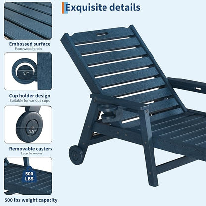 Garvee Lounge Chair Outdoor Set of 4 with Wheels & 5-Position Adjustable Backrest, Oversized Chaise Lounge with 2 Move Handle, HDPE Lounge Chair w/Detachable Cup Holder, for Patio, Pool,Navy Blue