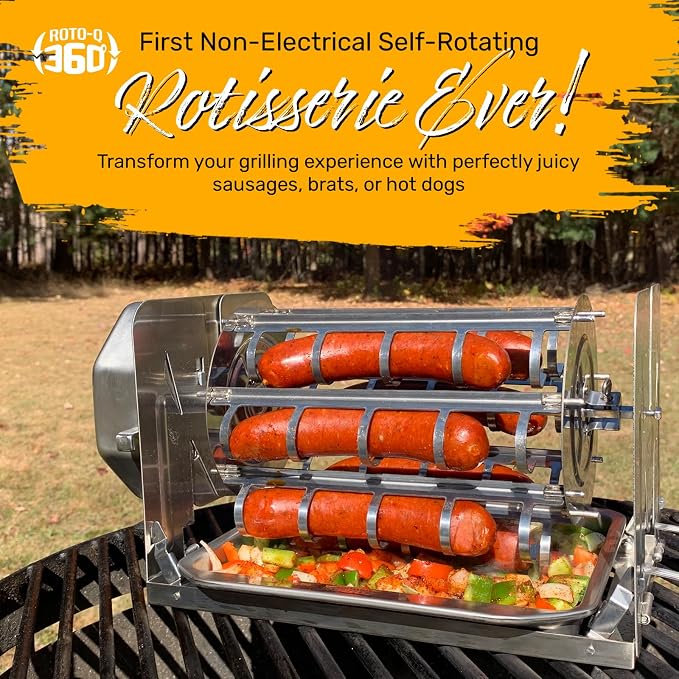 ROTO-Q Plus Sausage Carousel – Hot Dog & Sausage Rotisserie Attachment – Non-Electric, 7-Sausage Capacity (Stainless Steel)