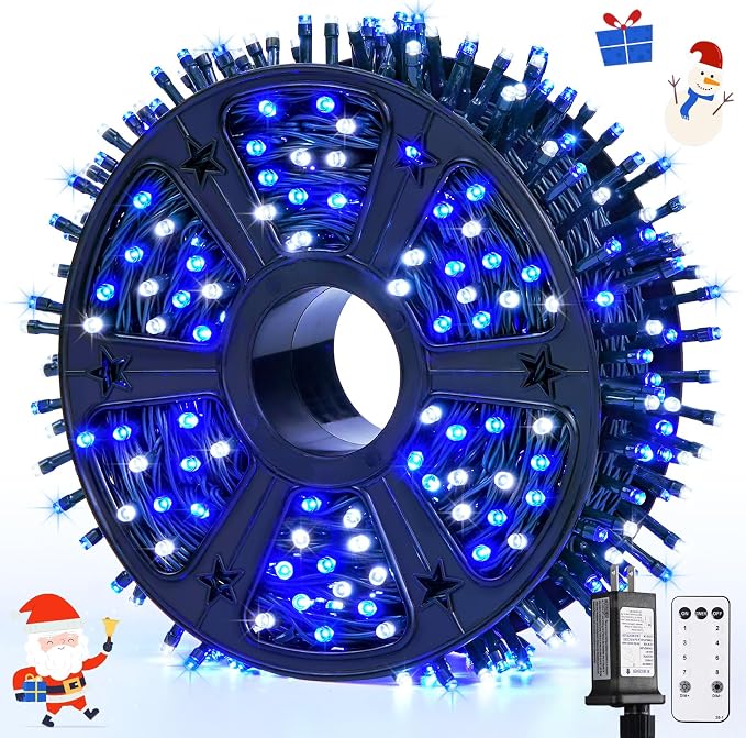 JMEXSUSS 500 LED Blue and White Christmas Lights with Remote Plug in | 173ft 8 Modes LED Christmas Lights Indoor, Waterproof Christmas Twinkle Lights for Tree Holiday Xmas Decorations