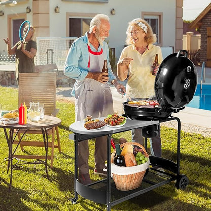 Portable Charcoal Grill with Cart Slide-Out Ash Catcher 21'' BBQ Grill with Porcelain Enamel Lid Thermometer and Wheels Small Charcoal Grills for Outdoor Backyard Camping Iron Black