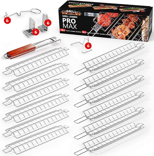 Set of 6 Grate Basket Adjustable Meshes for Grilling for Charcoal, Gas Grill, Tandoor BBQ, Smoker for Home, Outdoor, Restaurant (Stainless Steel, GRILL JUMBO PRO MAX - 6 Baskets)