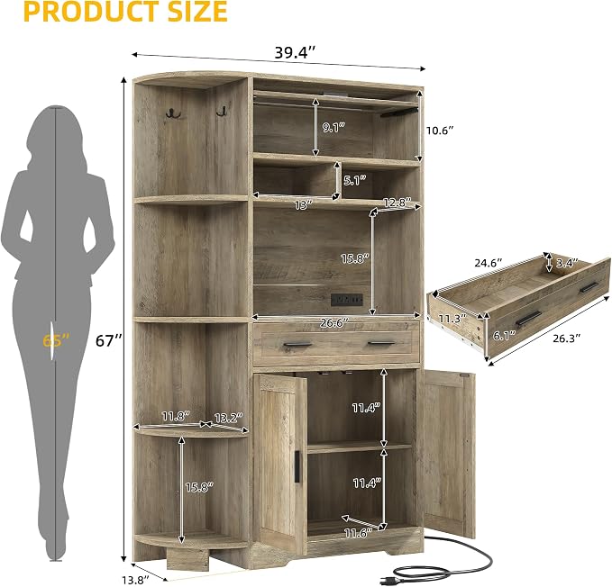 DWVO 67" Farmhouse Kitchen Pantry Cabinet with Storage Cabinet, Ash Gray | Coffee Bar & Charging Station, Buffet Sideboard, Microwave Stand, Hutch Cupboard for Dining Room Kitchen Living Room