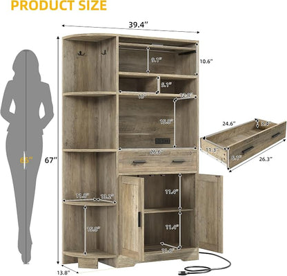 DWVO 67" Farmhouse Kitchen Pantry Cabinet with Storage Cabinet, Ash Gray | Coffee Bar & Charging Station, Buffet Sideboard, Microwave Stand, Hutch Cupboard for Dining Room Kitchen Living Room