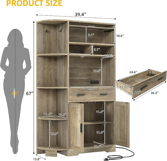DWVO 67" Farmhouse Kitchen Pantry Cabinet with Storage Cabinet, Ash Gray | Coffee Bar & Charging Station, Buffet Sideboard, Microwave Stand, Hutch Cupboard for Dining Room Kitchen Living Room