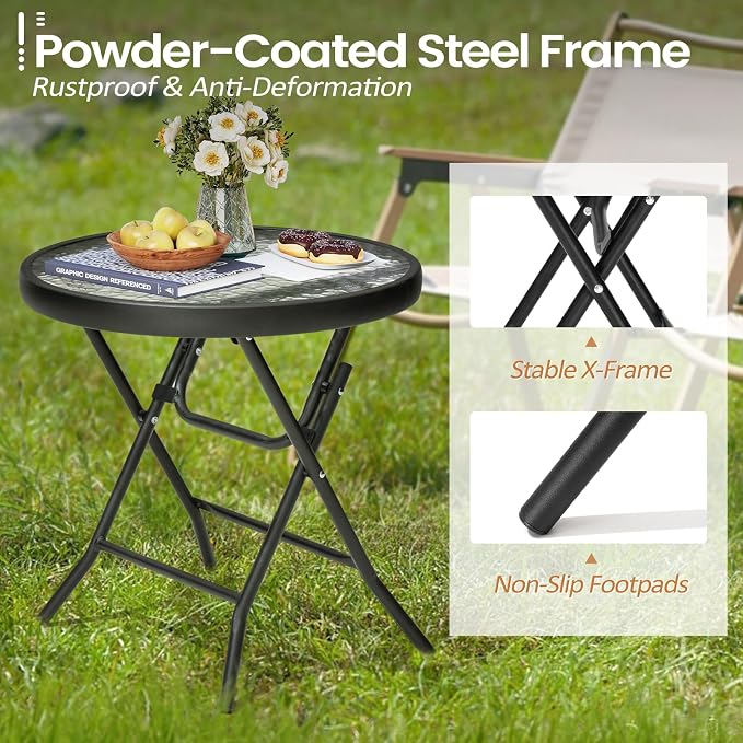 Foldable Side Table with Tempered Glass Top, 2 Pack Black & White | 18" Small Patio Side Tables Outdoor for Porch Yard Balcony Deck Lawn Garden